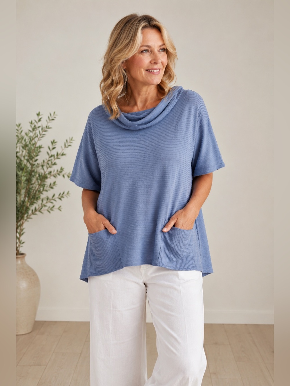 Habitat Light Blue 100% Cotton Ribbed Cowl Neck‎ Pullover Pockets Boxy Lagenlook